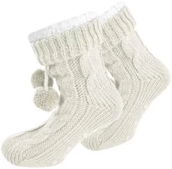 Strick-Hausschuhe Mit Bommeln Und ABS Wollweiß