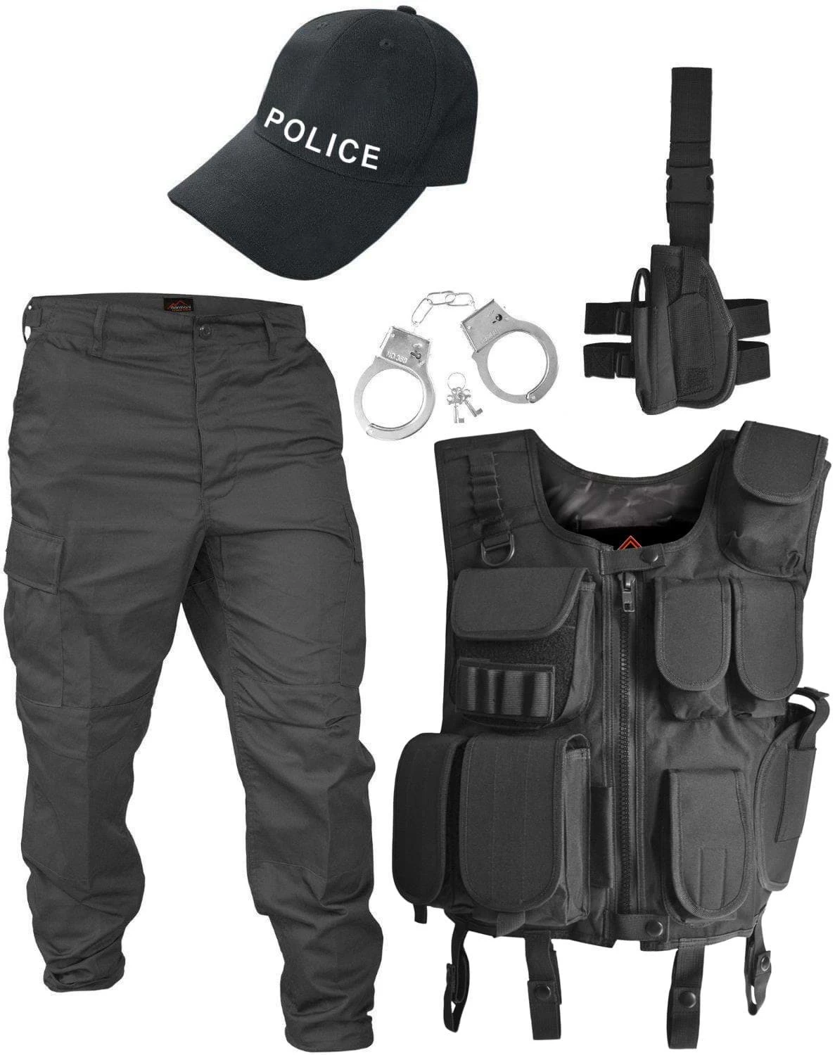 POLICE Kostüm Bestehend Aus Weste, Patch, Hose, Holster, Cap Und Handschellen Schwarz 3 POLICE Kostüm Bestehend Aus Weste, Patch, Hose, Holster, Cap Und Handschellen Schwarz