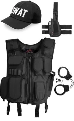 Police Kostüm Bestehend Aus Weste, Patch, Holster, Cap Und Handschellen Schwarz -Normani 117031