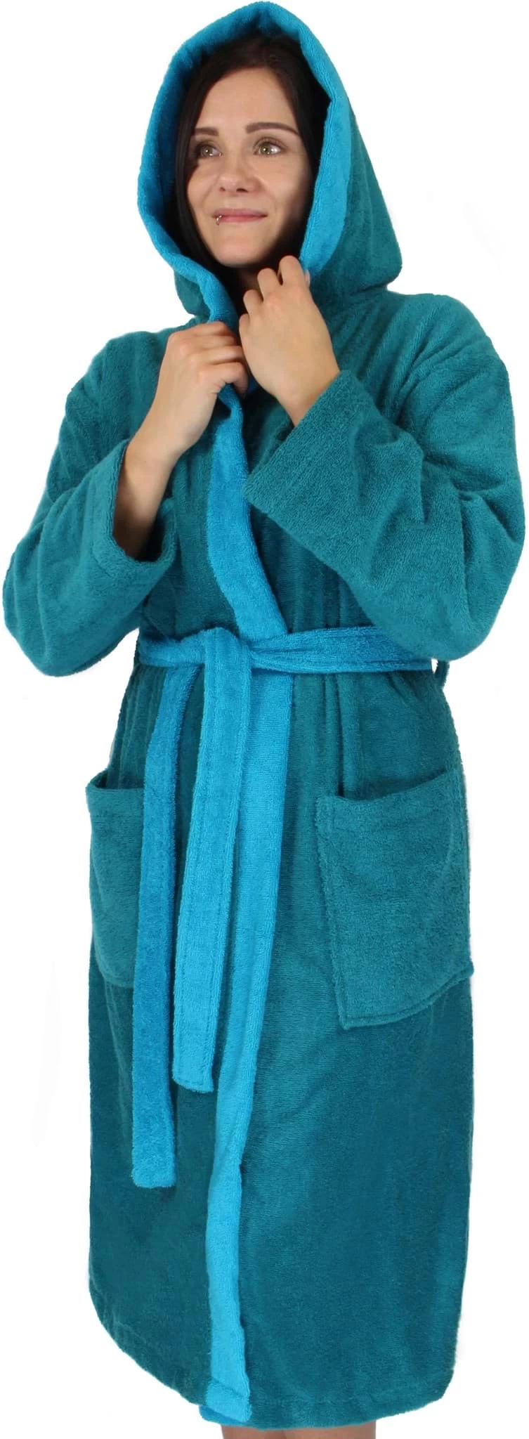 Unisex Baumwoll Bademantel Mit Kapuze „Izmit“ Petrol/Türkis 6 Unisex Baumwoll Bademantel Mit Kapuze „Izmit“ Petrol/Türkis – Bild 4
