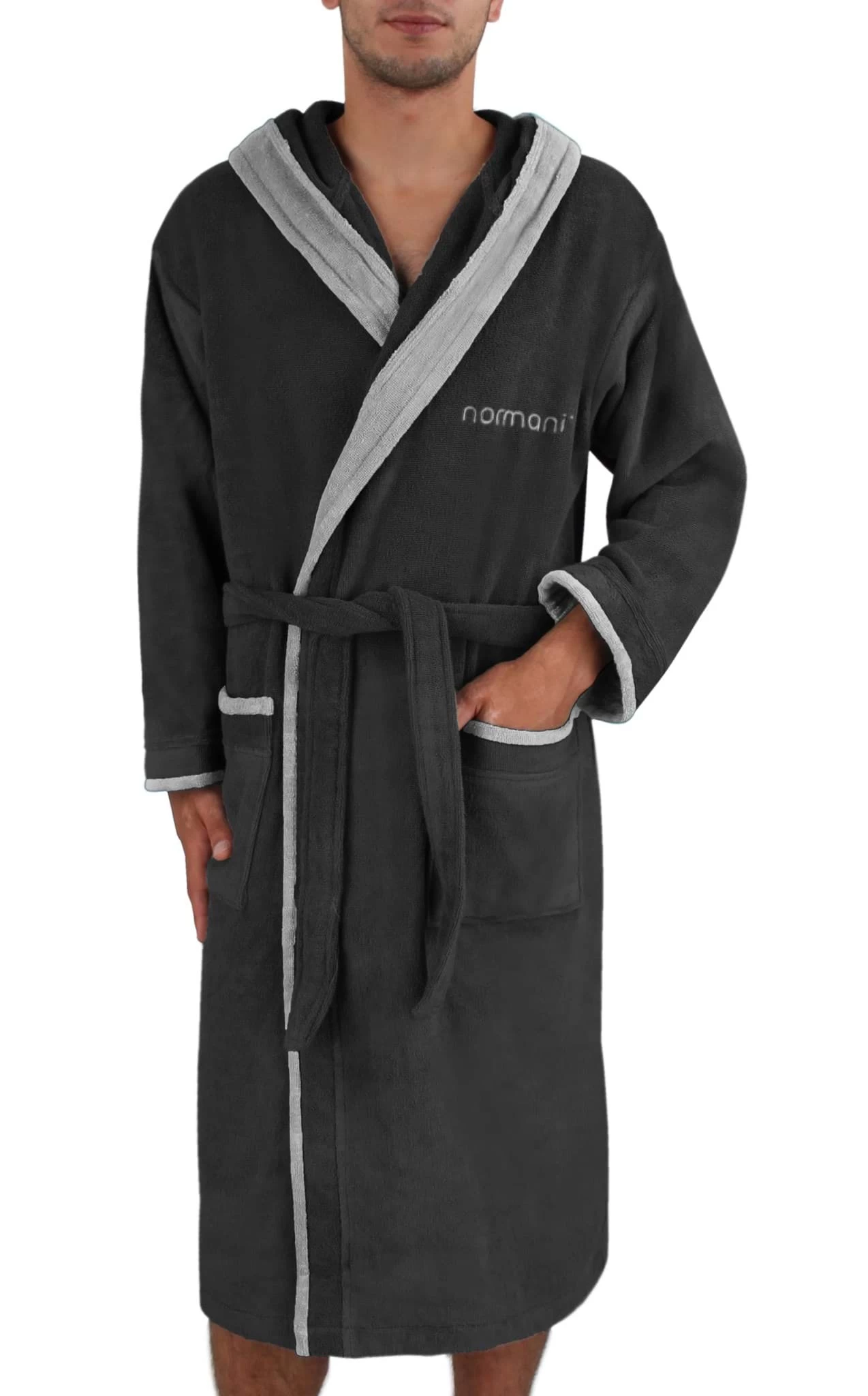 Unisex Baumwoll-Bademantel „Rob“ Schwarz/Grau 9 Unisex Baumwoll-Bademantel „Rob“ Schwarz/Grau – Bild 7