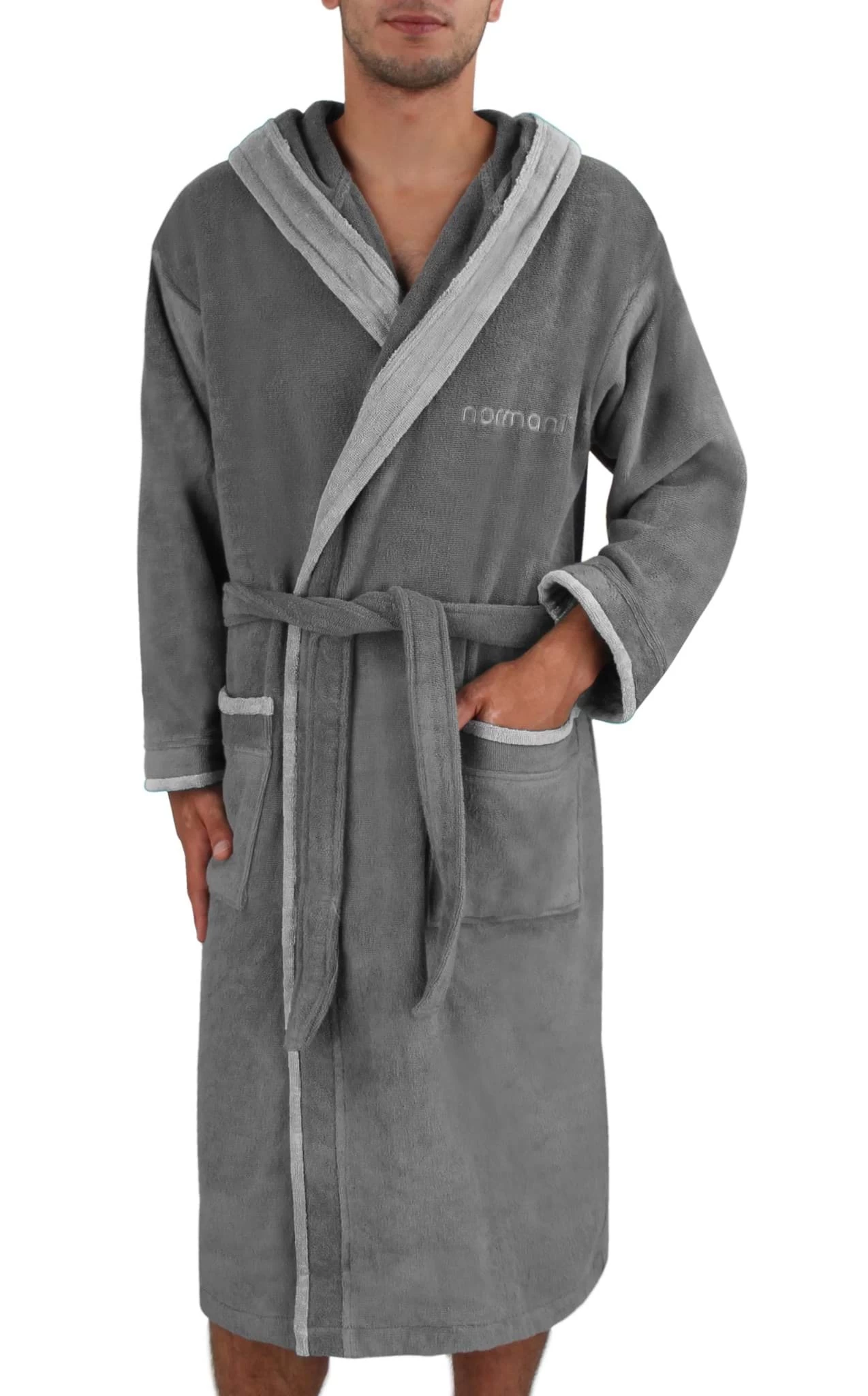 Unisex Baumwoll-Bademantel „Rob“ Grau/Hellgrau 9 Unisex Baumwoll-Bademantel „Rob“ Grau/Hellgrau – Bild 7
