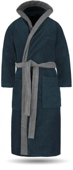 Unisex Baumwoll Bademantel Mit Kapuze „Izmit“ Marine/Grau