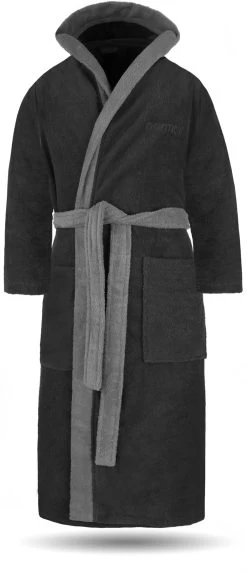 Unisex Baumwoll Bademantel Mit Kapuze „Izmit“ Schwarz/Grau