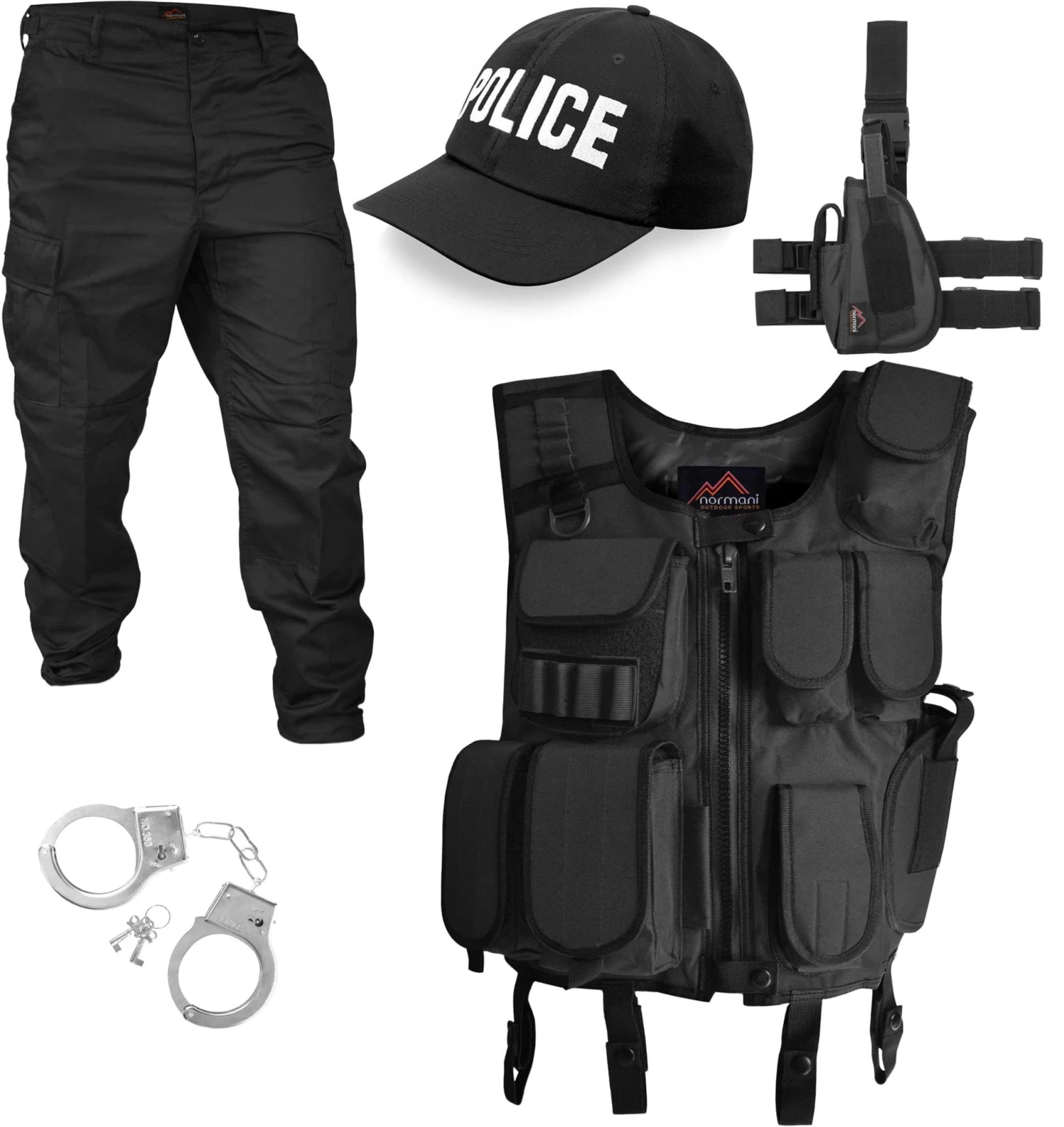 SWAT / SECURITY / POLICE Kostüm Bestehend Aus Weste, Patch, Hose, Rechtem Beinholster, Cap Und Handschellen POLICE 3 SWAT / SECURITY / POLICE Kostüm Bestehend Aus Weste, Patch, Hose, Rechtem Beinholster, Cap Und Handschellen POLICE