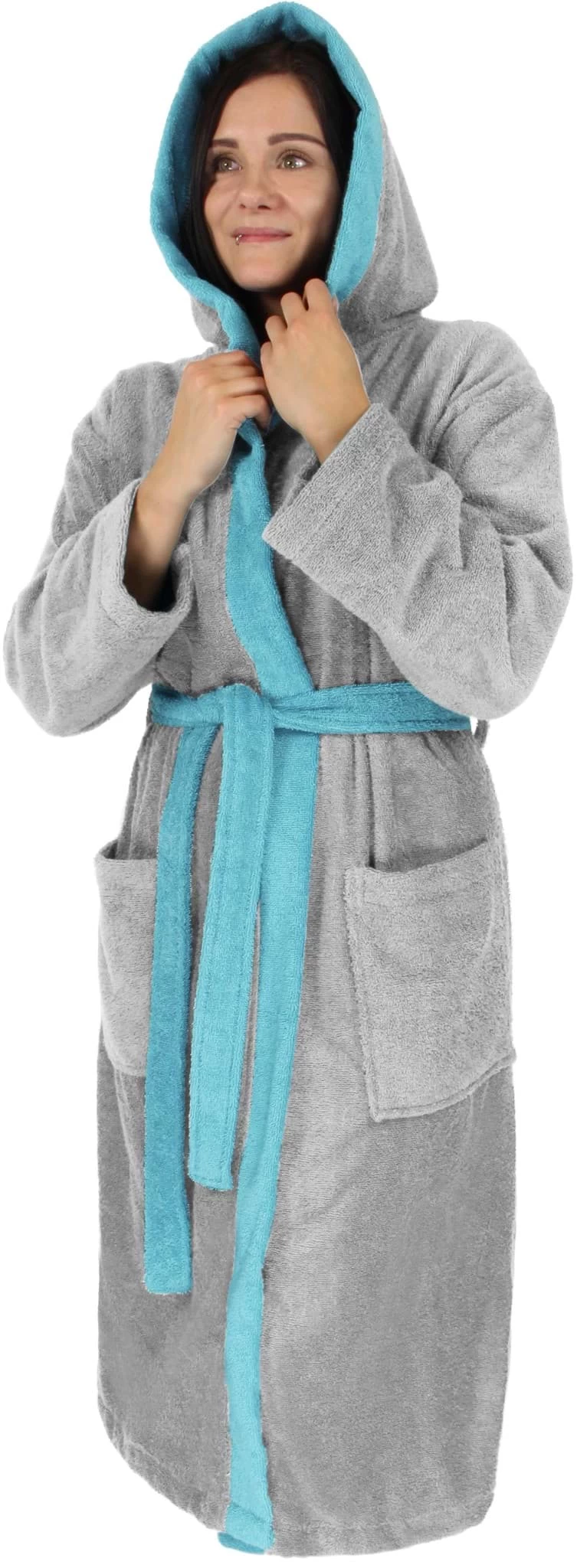 Unisex Baumwoll Bademantel Mit Kapuze „Izmit“ Grau/Blau 6 Unisex Baumwoll Bademantel Mit Kapuze „Izmit“ Grau/Blau – Bild 4