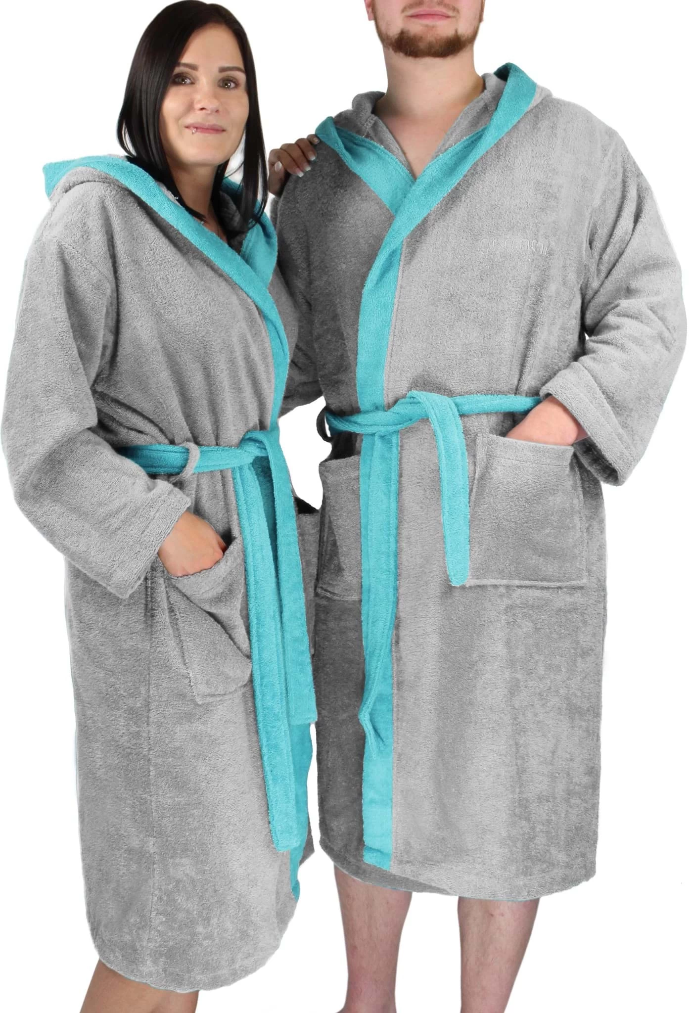 Unisex Baumwoll Bademantel Mit Kapuze „Izmit“ Grau/Blau 7 Unisex Baumwoll Bademantel Mit Kapuze „Izmit“ Grau/Blau – Bild 5