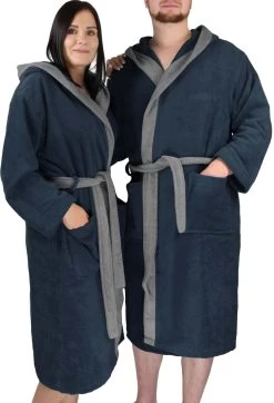 Unisex Baumwoll Bademantel Mit Kapuze „Izmit“ Marine/Grau -Normani 144995